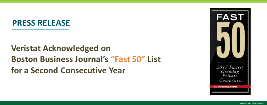 Veristat Acknowledged on Boston Business Journal’s “Fast 50” List for a Second Consecutive Year